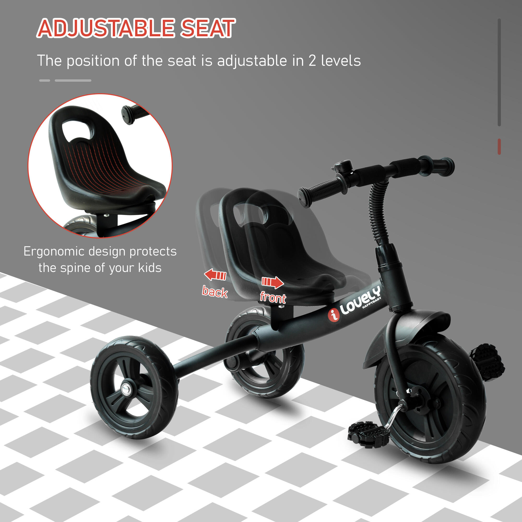 HOMCOM Triciclo per Bambini a Pedali con Campanello e Parafango Nero 4/8
