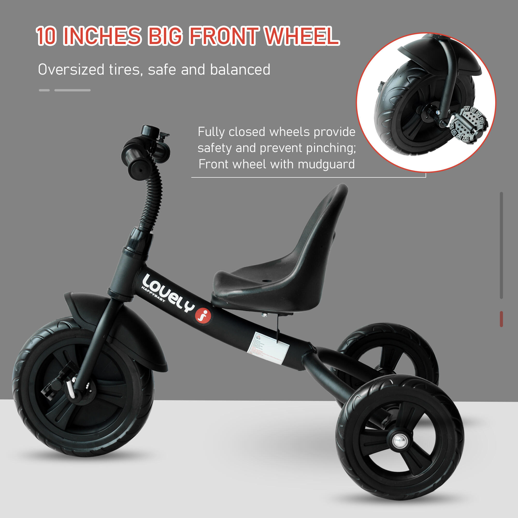 HOMCOM Triciclo per Bambini a Pedali con Campanello e Parafango Nero 5/8