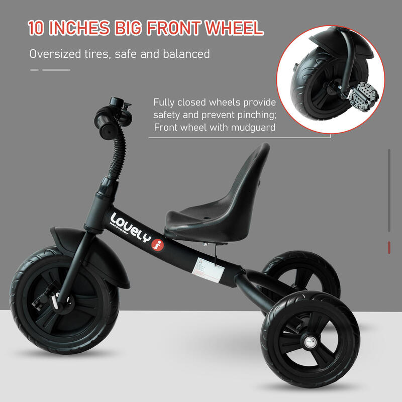HomCom tricicleta, claxon si roti ajutatoare, 74x49x55cm negru