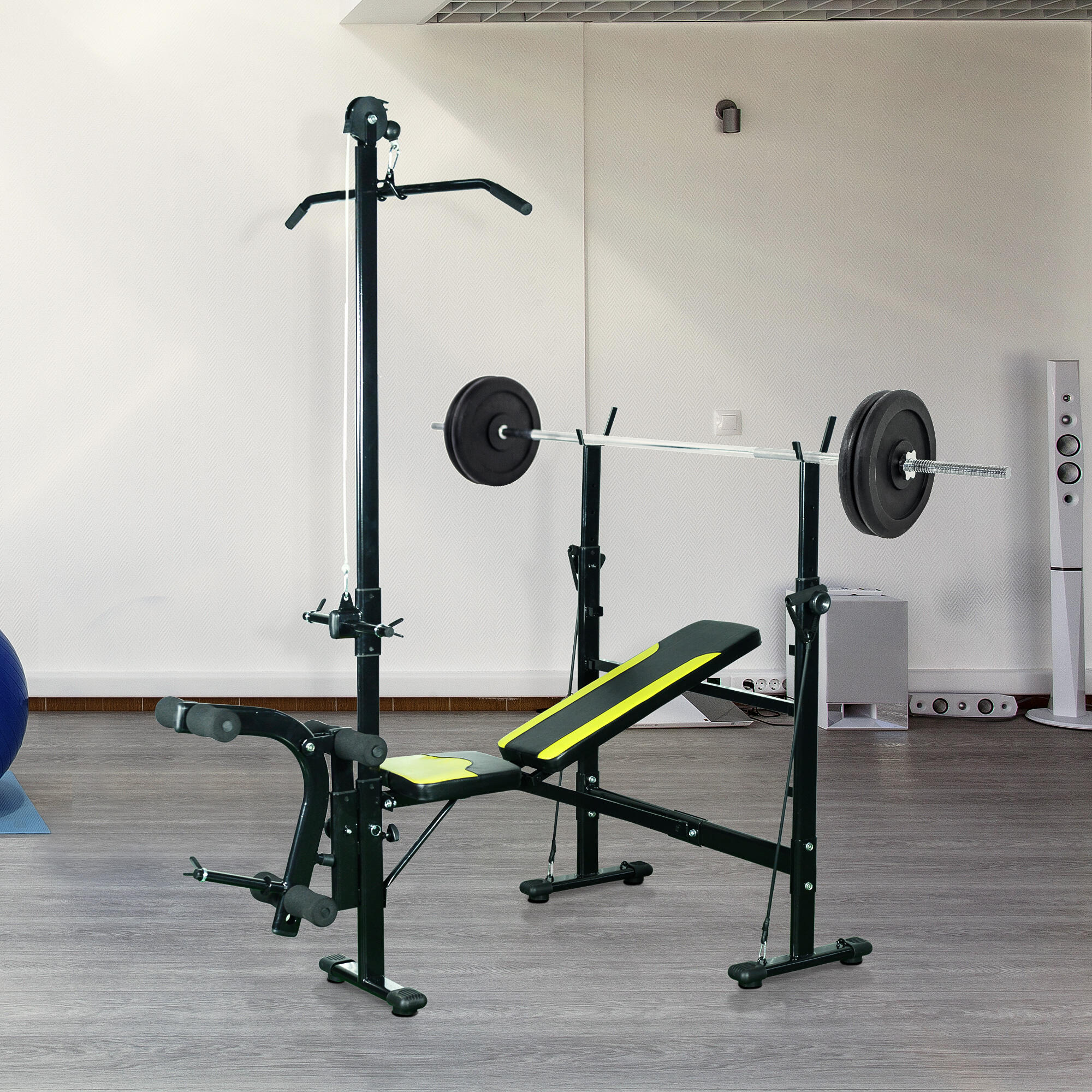 HOMCOM Panca Multifunzione Schienale a 3 Livelli, Supporto per Gambe e Barra 2/8