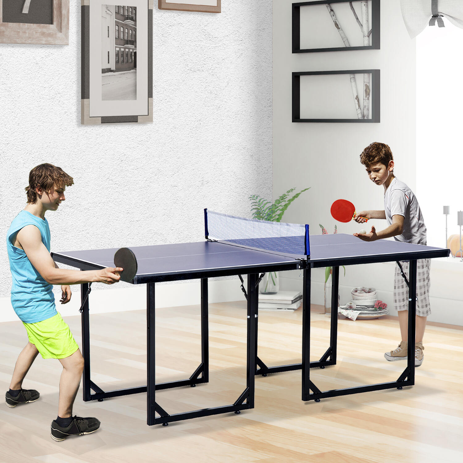 HOMCOM Tavolo da Ping Pong Pieghevole con Rete da Gioco 182x91x76cm Blu 2/5