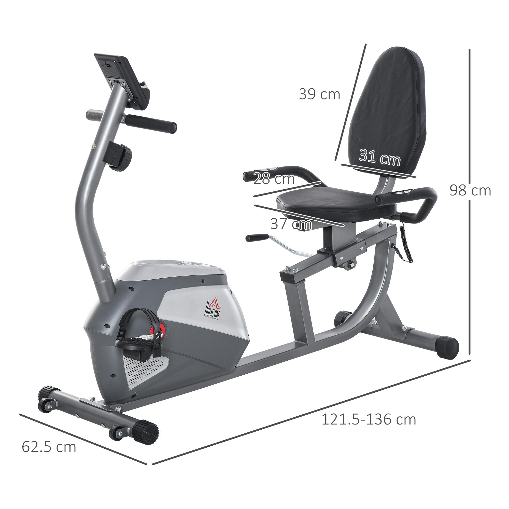 HOMCOM Cyclette Orizzontale con Seduta Regolabile 8 Resistenze e Monitor LCD 3/6