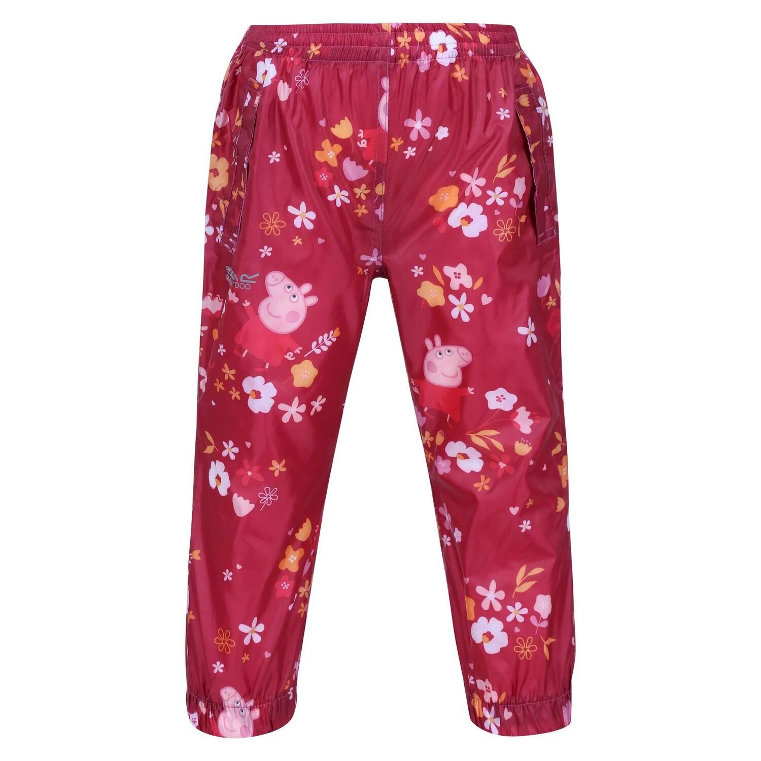 Childrens/Kids Floral Peppa Pig Packaway Waterproof Trousers (Berry Pink) 1/5