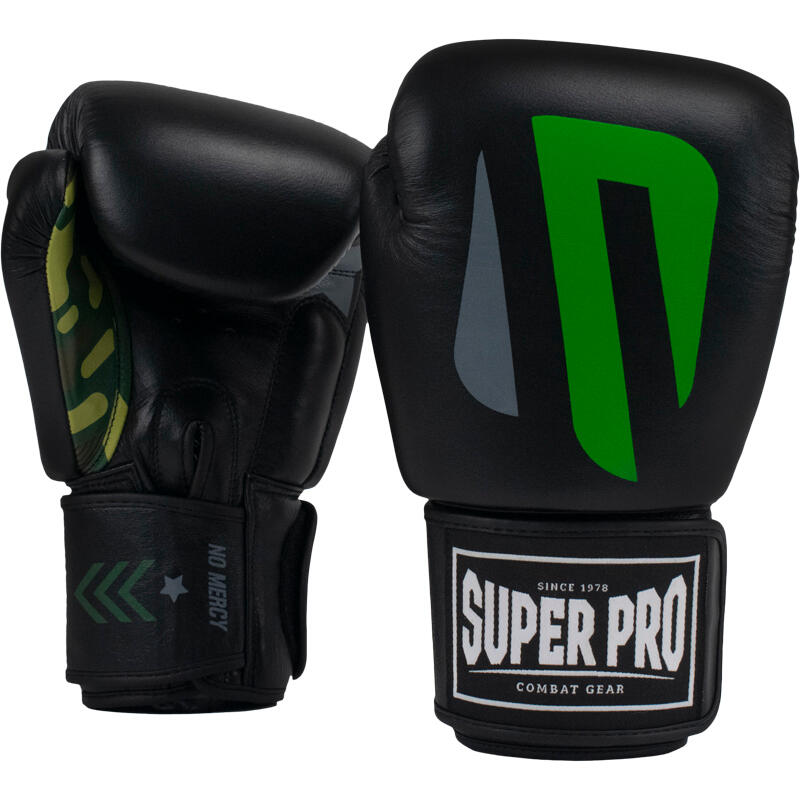 Super Pro Combat Gear (kick)Bokshandschoenen Leder No Mercy Zwart/Groen/Zilver