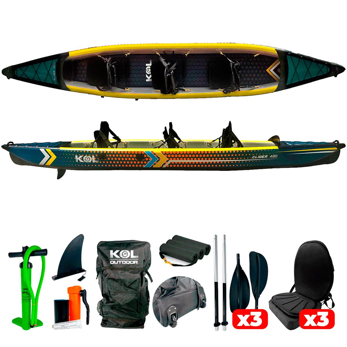 KOL OUTDOOR Kayak triple hinchable 100% Dropstitch Glider 480 cm Verde/Amarillo