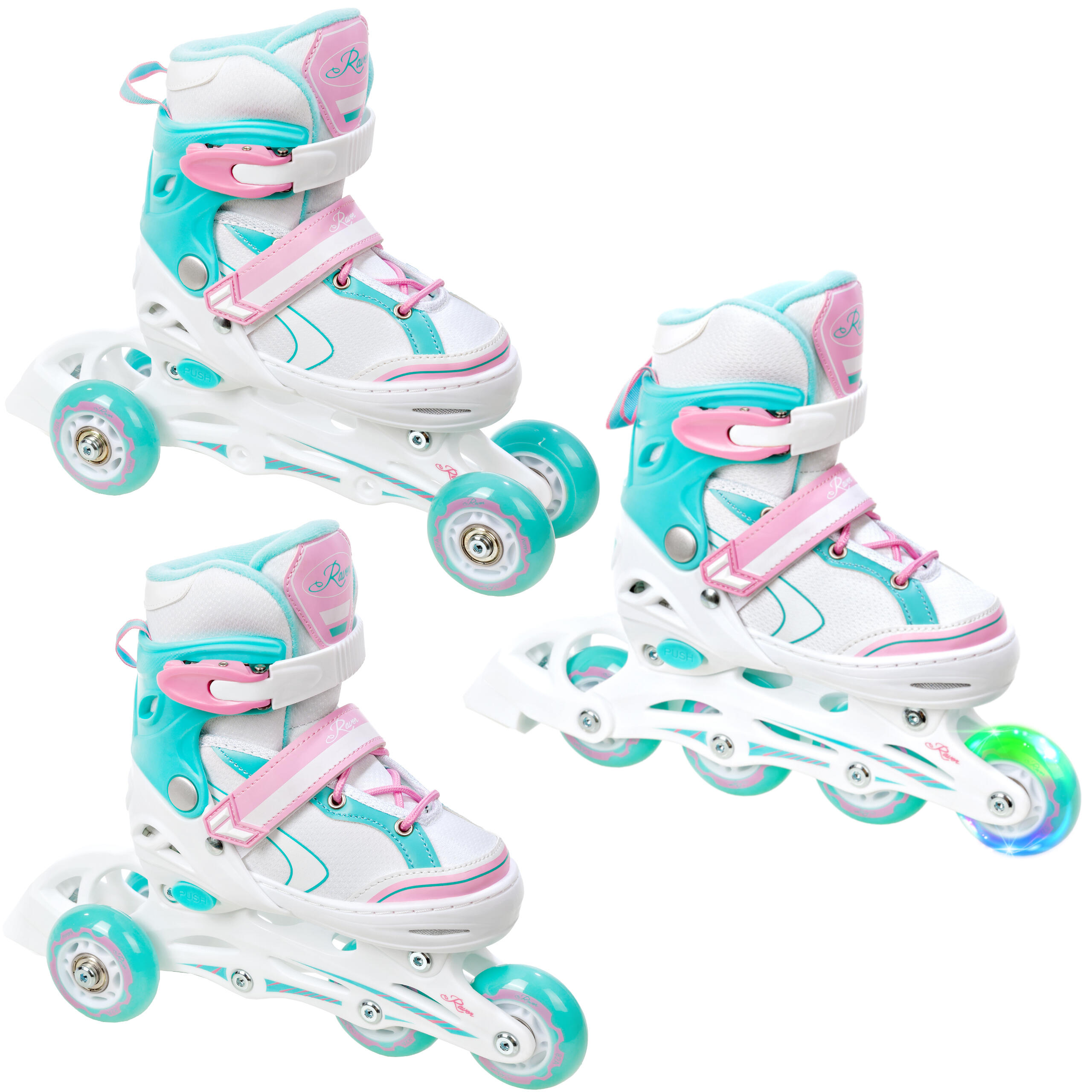 Raven - Raven Lia 3-en-1 Patins À Roulettes Ajustables Roue Lumineuse - Rollers En Ligne - Blanc|rose|vert - Decathlon