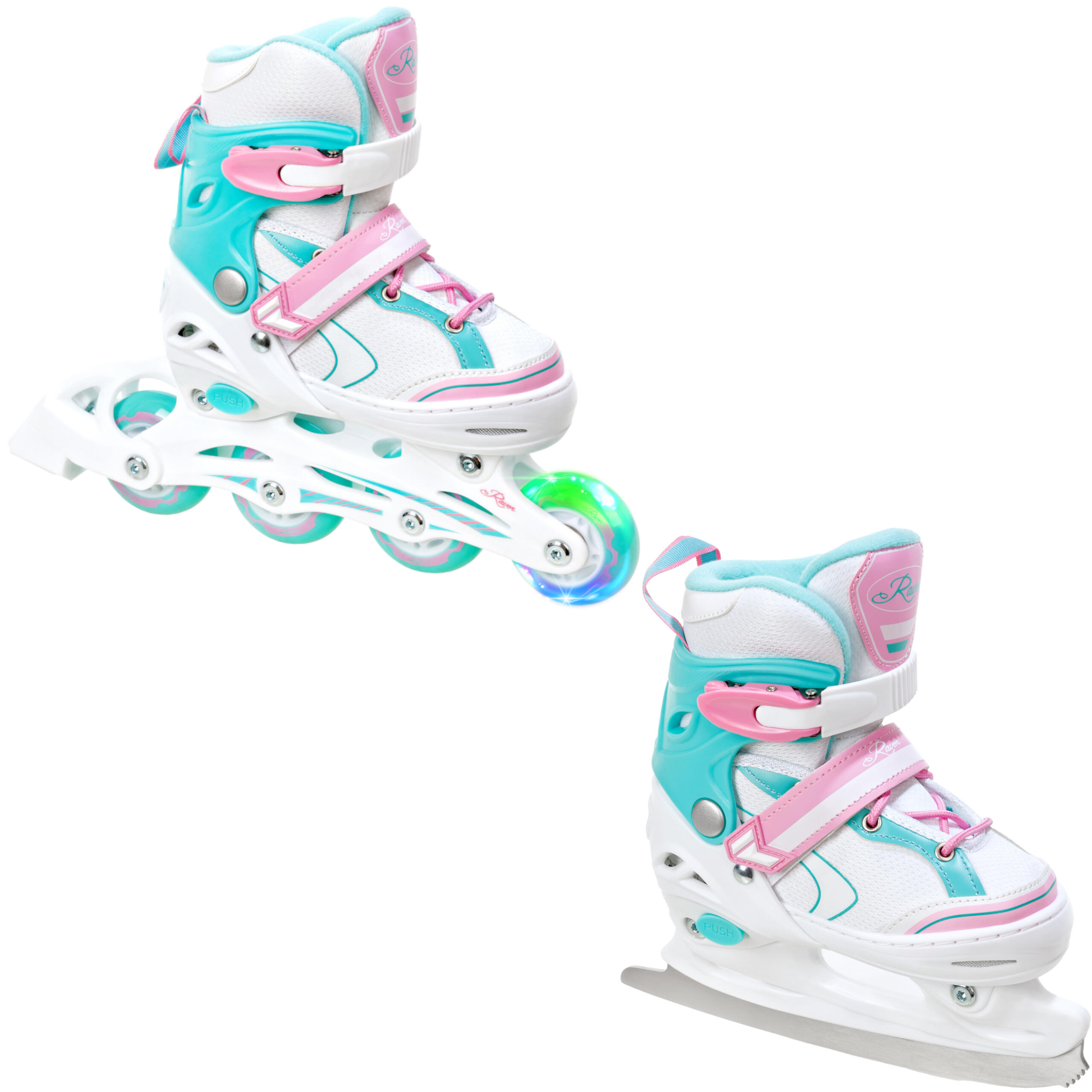 Raven - Roller Skates 2en1 Ajustable Raven Lia Roue Avant - Rollers En Ligne - Blanc|rose|vert - 27/30 - Decathlon