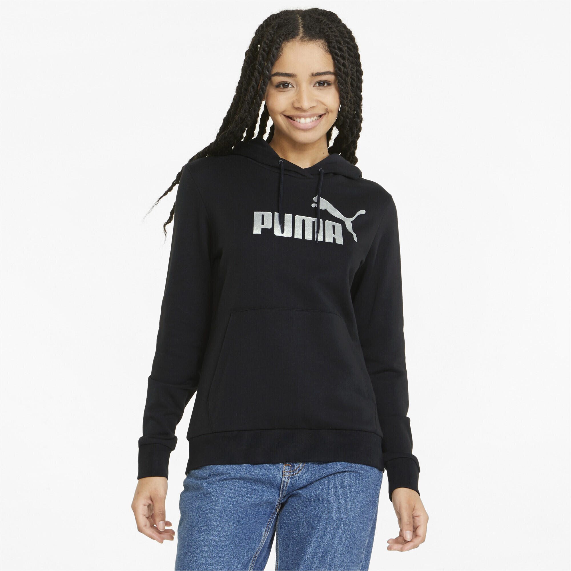 Essentials+ Metallic Logo Hoodie Damen PUMA Black Metallic Silver 2/7