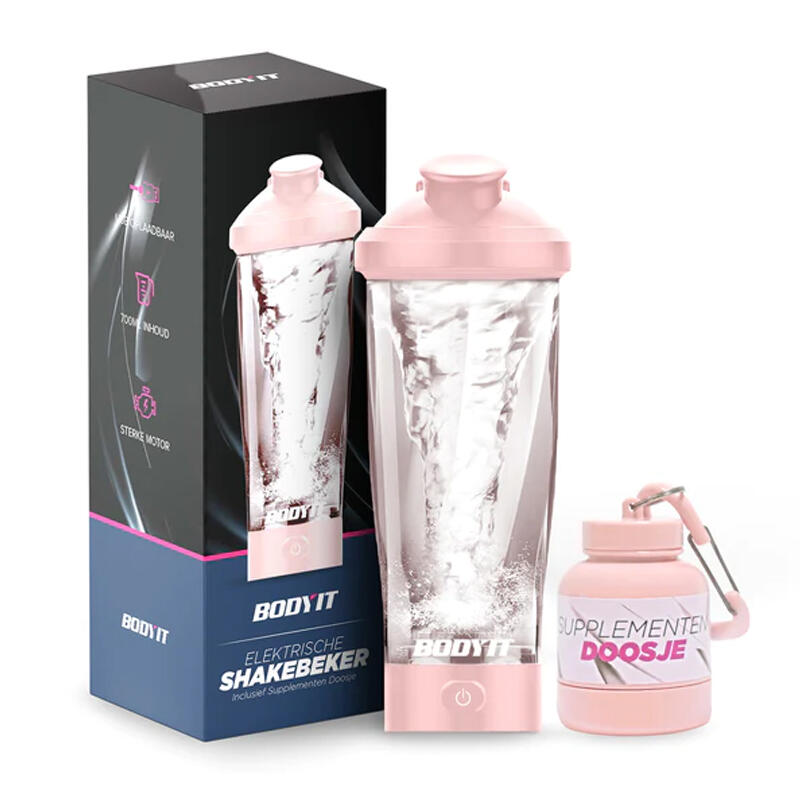 BODYIT Elektrisch oplaadbare Shakebeker met Supplementen Doosje - 700ml - Lekvrij roze