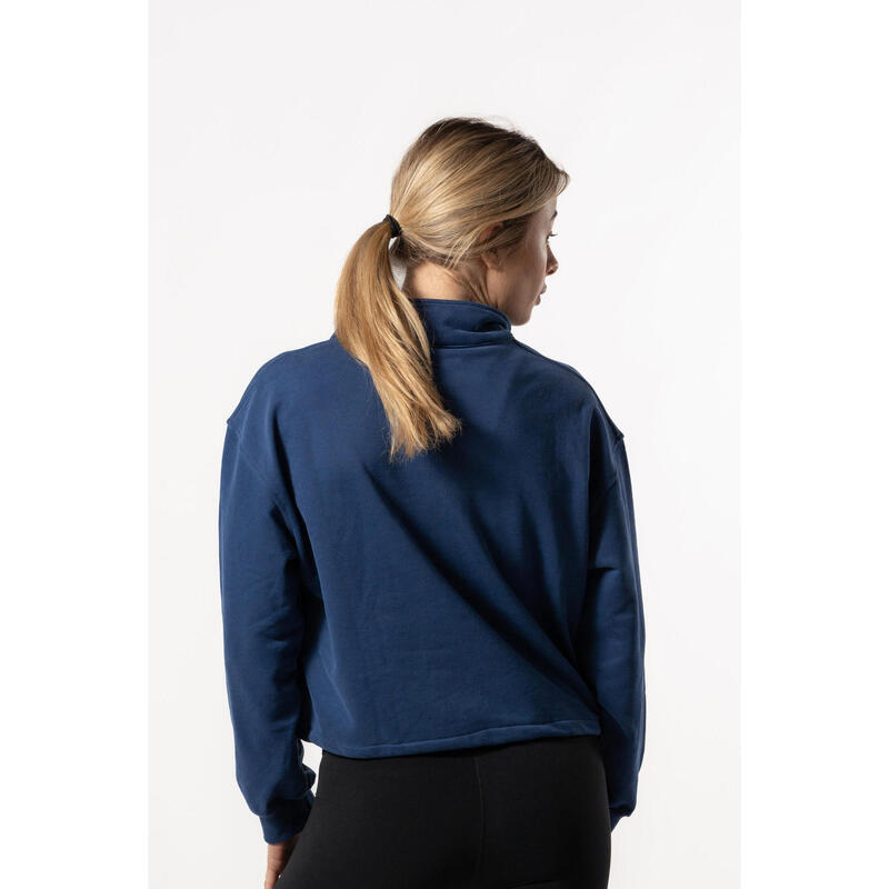 Half Zip Drop Shoulder Crop Sweatshirt voor Fitness Blauw Aesthetic Wolf