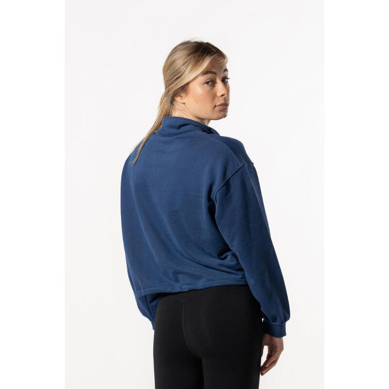 Crop Sweatshirt Meio Zip com Queda de Ombro - Fitness - Azul Real