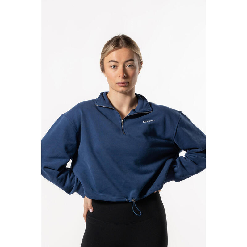 Crop Sweatshirt Meio Zip com Queda de Ombro - Fitness - Azul Real