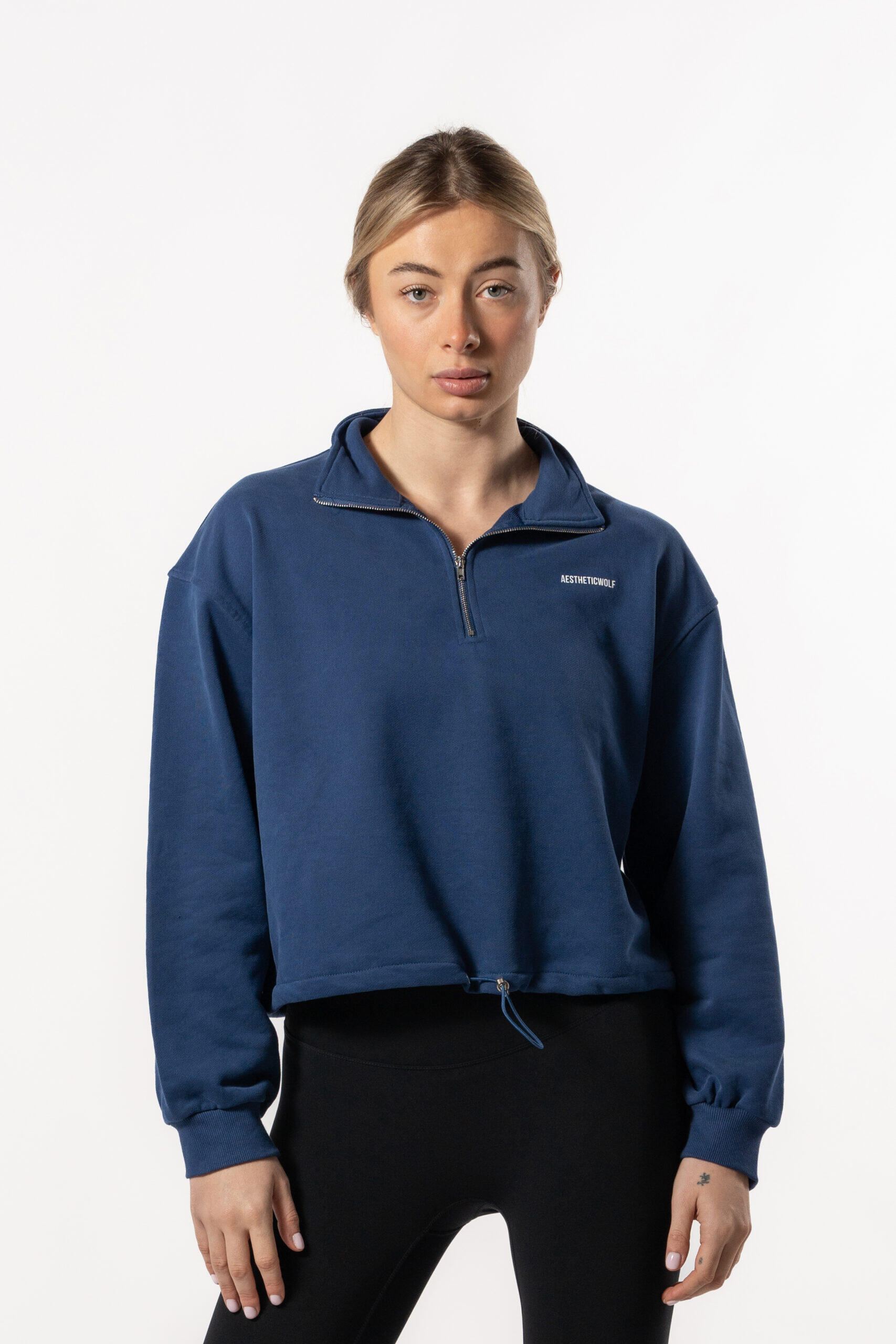 Sweat-shirt Crop à épaules Tombantes et à Demi-zippées - Bleu Royal - Fitness 4/5