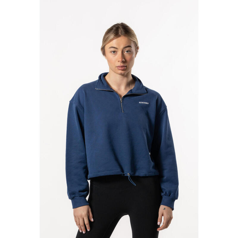 Half Zip Drop Shoulder Crop Sweatshirt voor Fitness Blauw Aesthetic Wolf