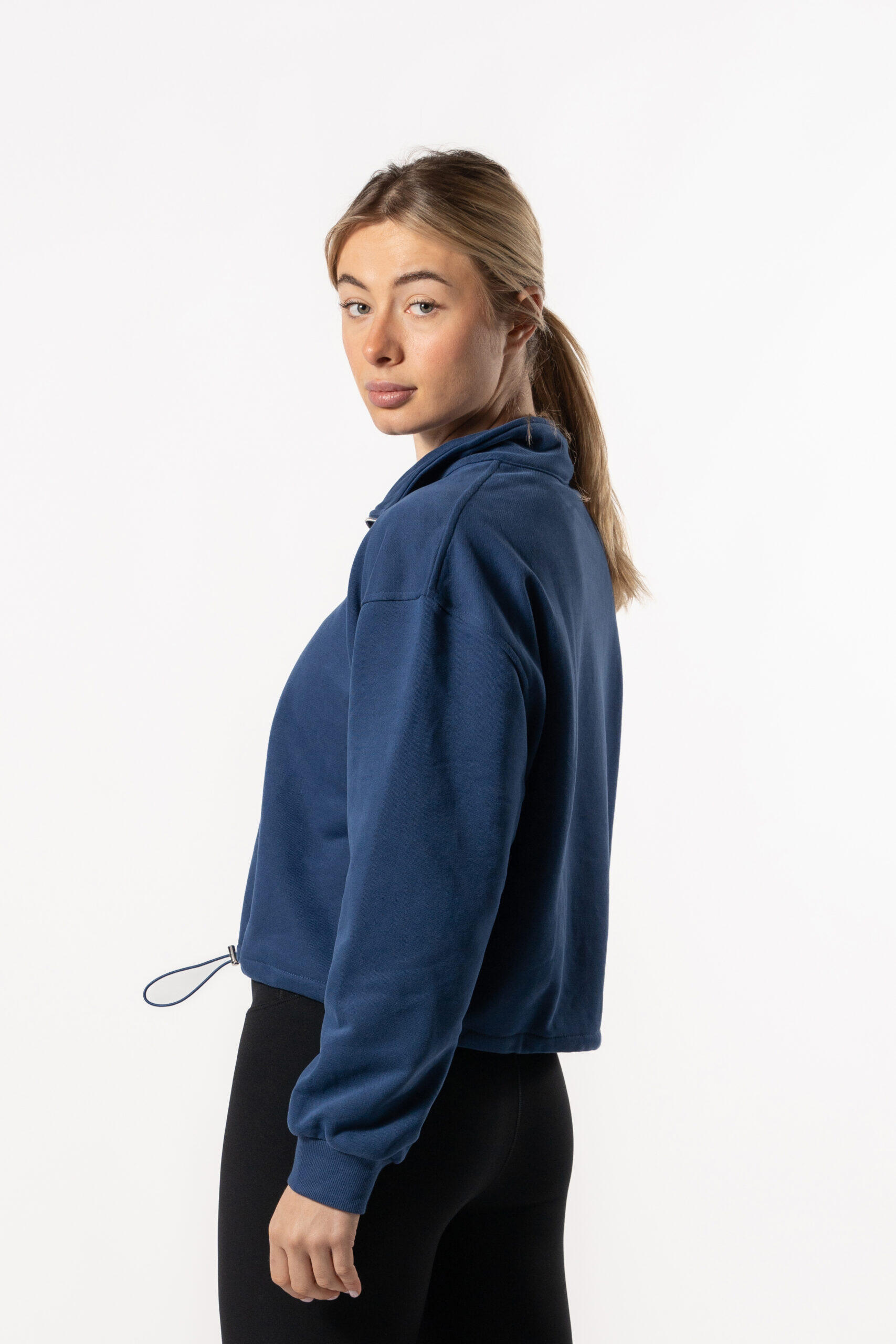 Sweat-shirt Crop à épaules Tombantes et à Demi-zippées - Bleu Royal - Fitness 3/5