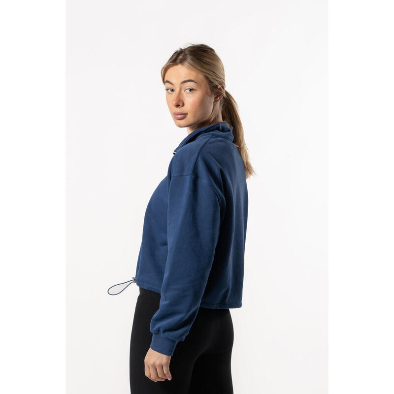 Half Zip Drop Shoulder Crop Sweatshirt voor Fitness Blauw Aesthetic Wolf