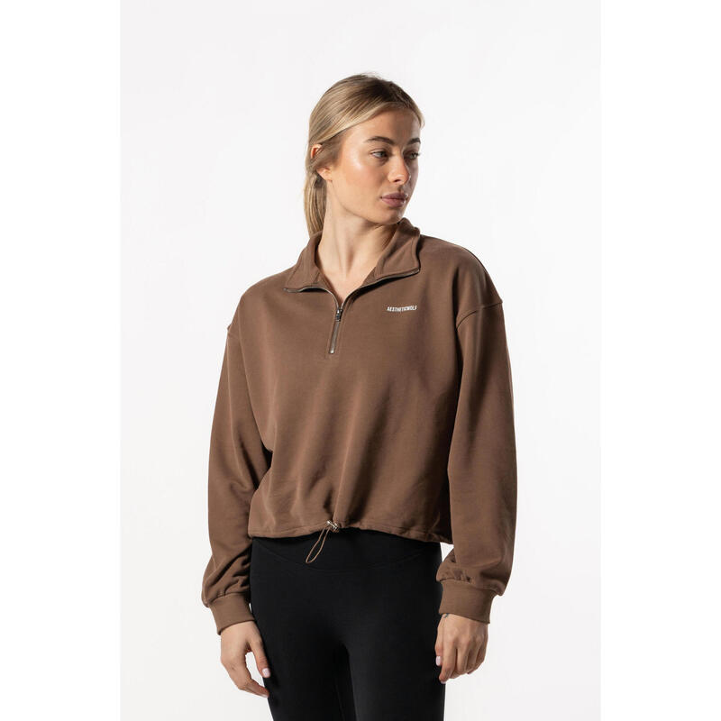 Half Zip Drop Shoulder Crop Sweatshirt voor Fitness Bruin Aesthetic Wolf