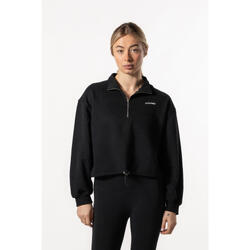 Half Zip Drop Shoulder Crop Sweatshirt voor Fitness Zwart Aesthetic Wolf