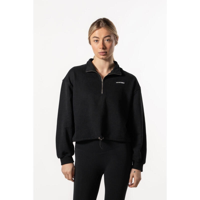 Crop Sweatshirt Meio Zip com Queda de Ombro - Fitness - Preto - Aesthetic Wolf