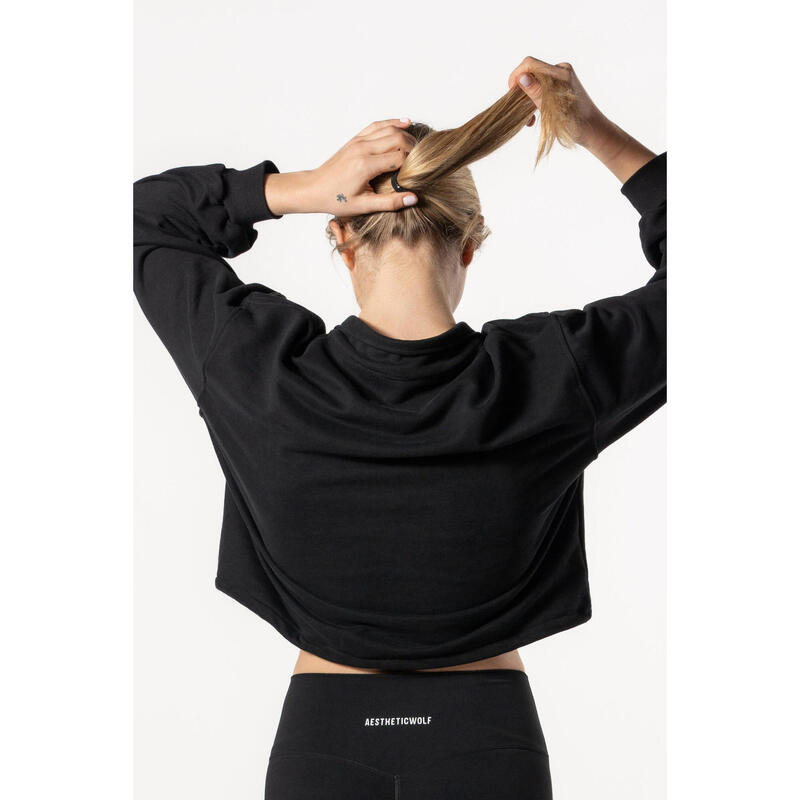 Crop Sweatshirt Meio Zip com Queda de Ombro - Fitness - Preto - Aesthetic Wolf