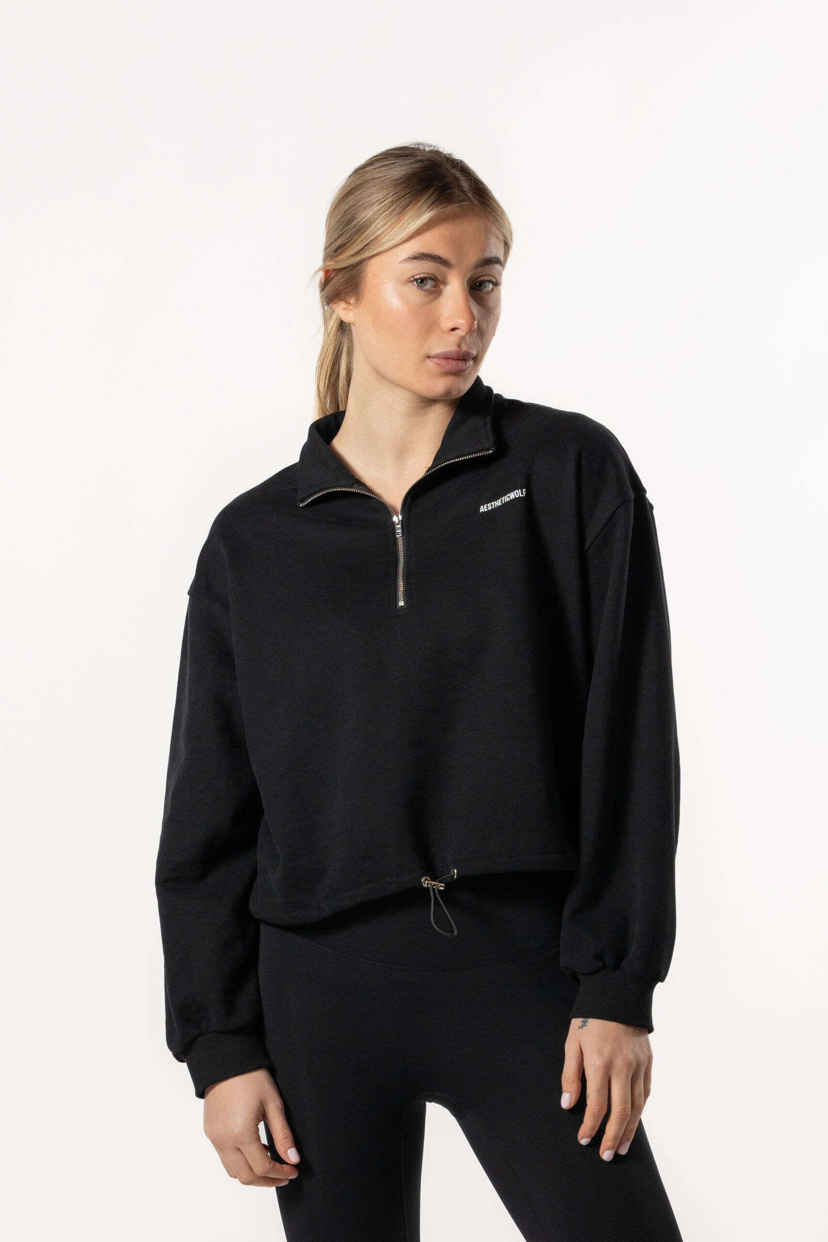 Sweat-shirt Crop à épaules Tombantes et à Demi-zippées - Noir - Fitness 5/5