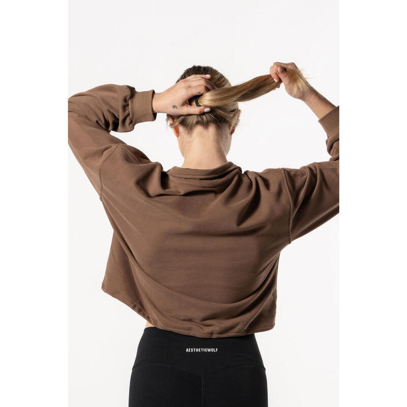 Crop Sweatshirt Meio Zip com Queda de Ombro - Fitness - Castanho