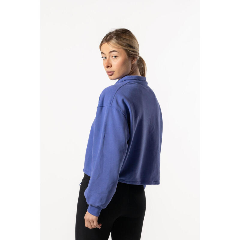 Crop Sweatshirt Meio Zip com Queda de Ombro - Fitness - Azul Iris