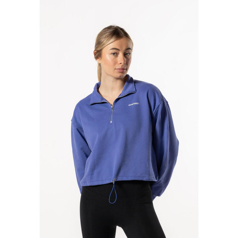 Sweat-shirt Crop à épaules Tombantes et à Demi-zippées - Bleu - Fitness