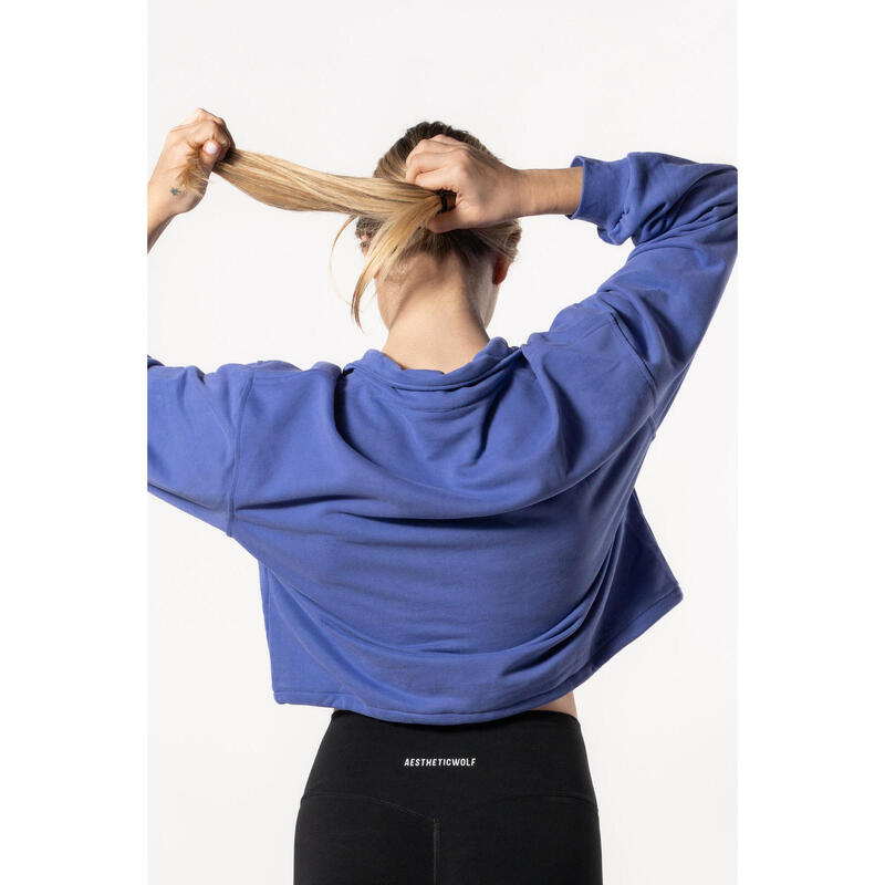 Sweat-shirt Crop à épaules Tombantes et à Demi-zippées - Bleu - Fitness