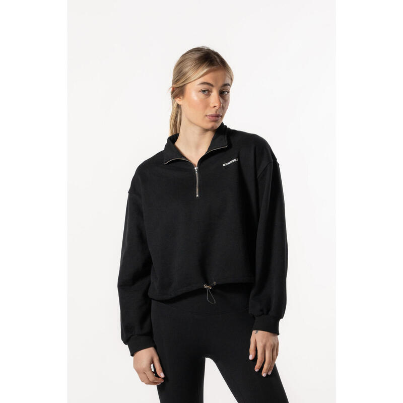 Crop Sweatshirt Meio Zip com Queda de Ombro - Fitness - Preto - Aesthetic Wolf