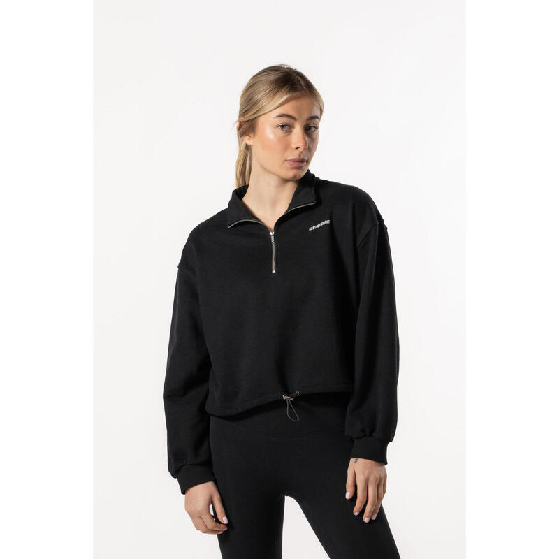 Half Zip Drop Shoulder Crop Sweatshirt voor Fitness Zwart Aesthetic Wolf