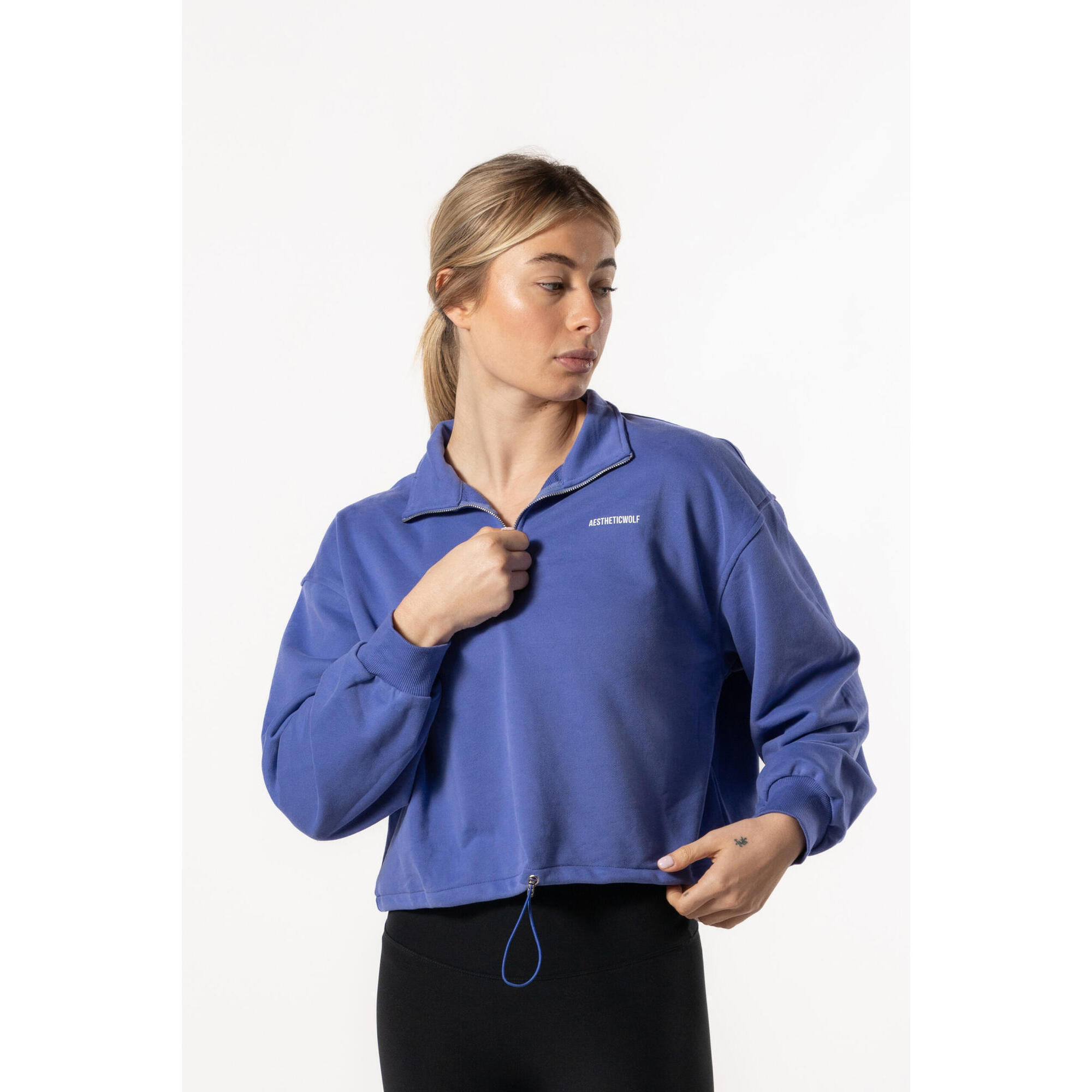 Half Zip Drop Shoulder Crop Sweatshirt voor Fitness Paarsblauw Aesthetic Wolf 5/5
