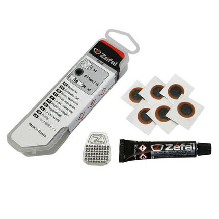 Kit réparation chambre à air route - boîte 4 patchs 15mm + colle 5g + rape acier