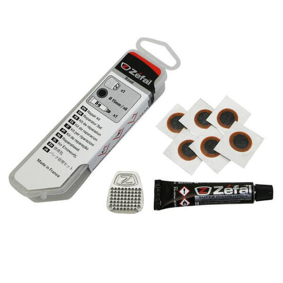 Kit réparation chambre à air route - boîte 4 patchs 15mm + colle 5g + rape acier