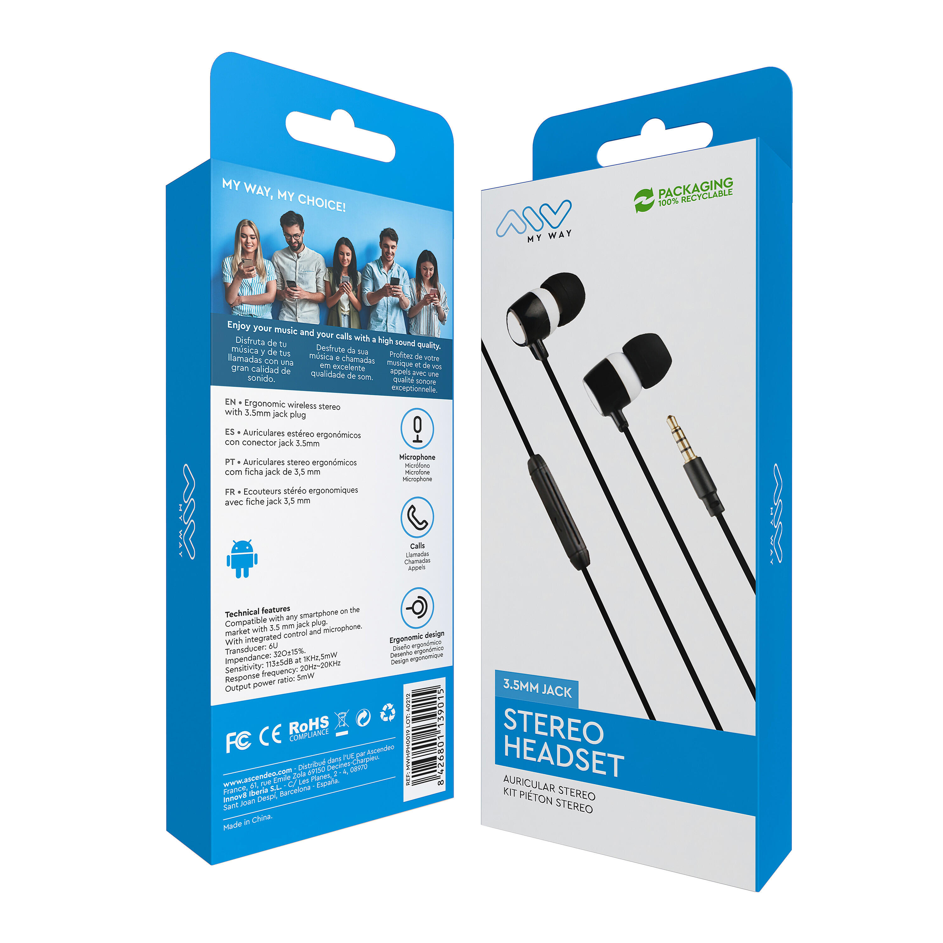 Myway auriculares estéreo 3.5mm con micrófono blanco/negro 5/6