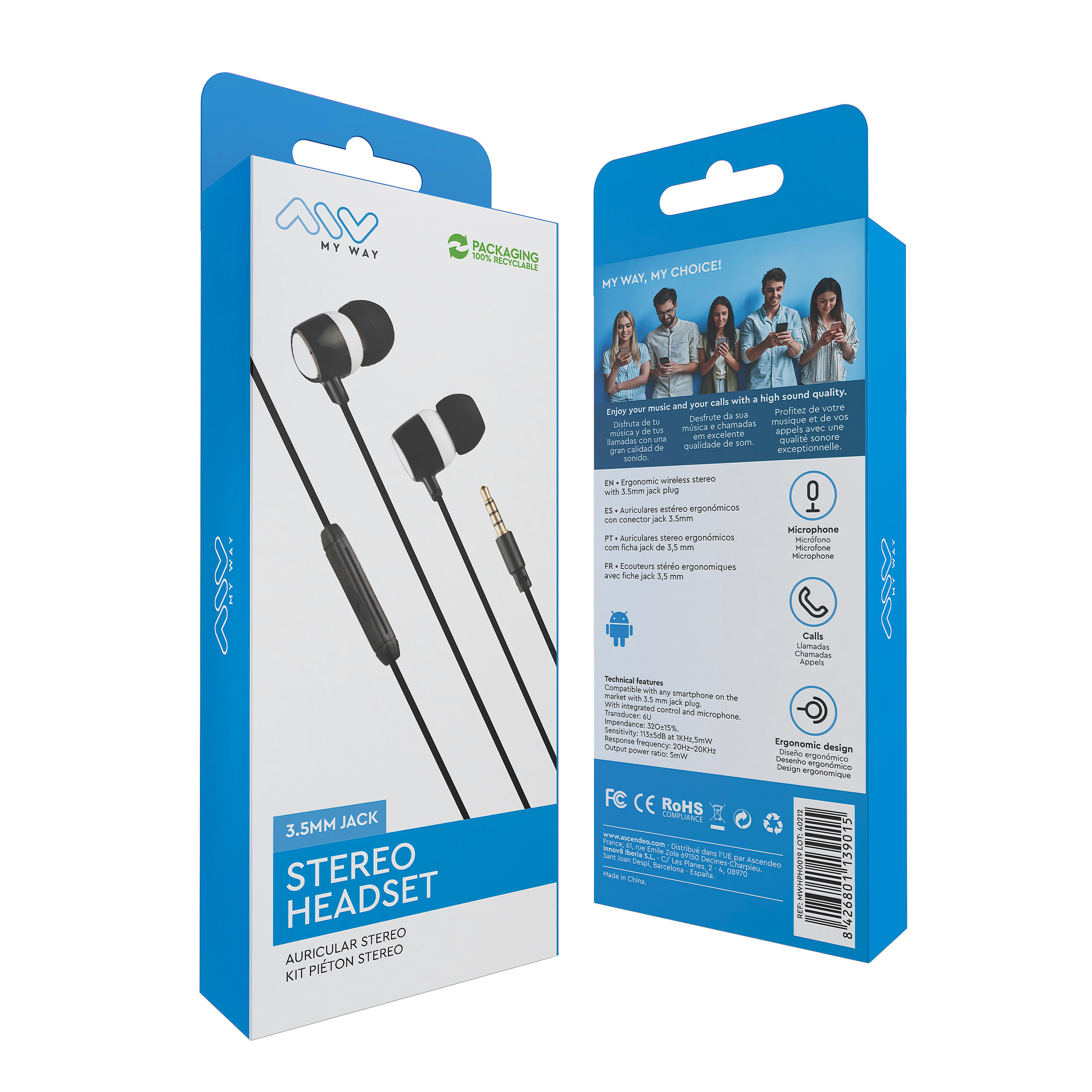 Myway auriculares estéreo 3.5mm con micrófono blanco/negro 4/6