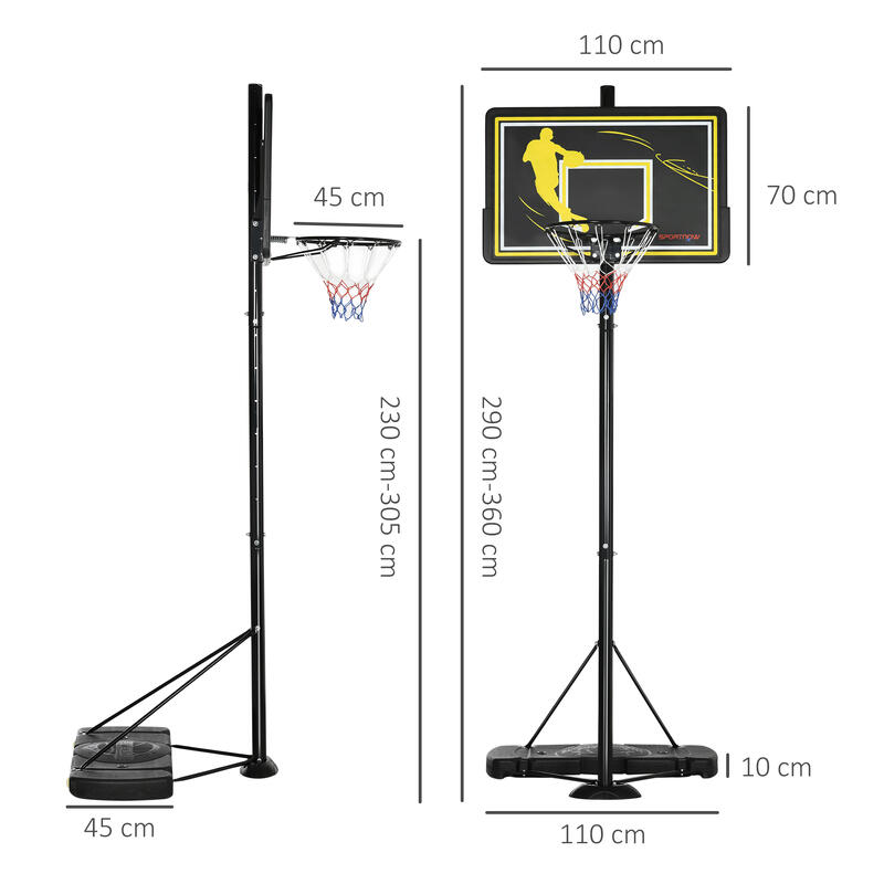 Tabela de Basquetebol SPORTNOW 110x45x290-360cm Preto e Amarelo