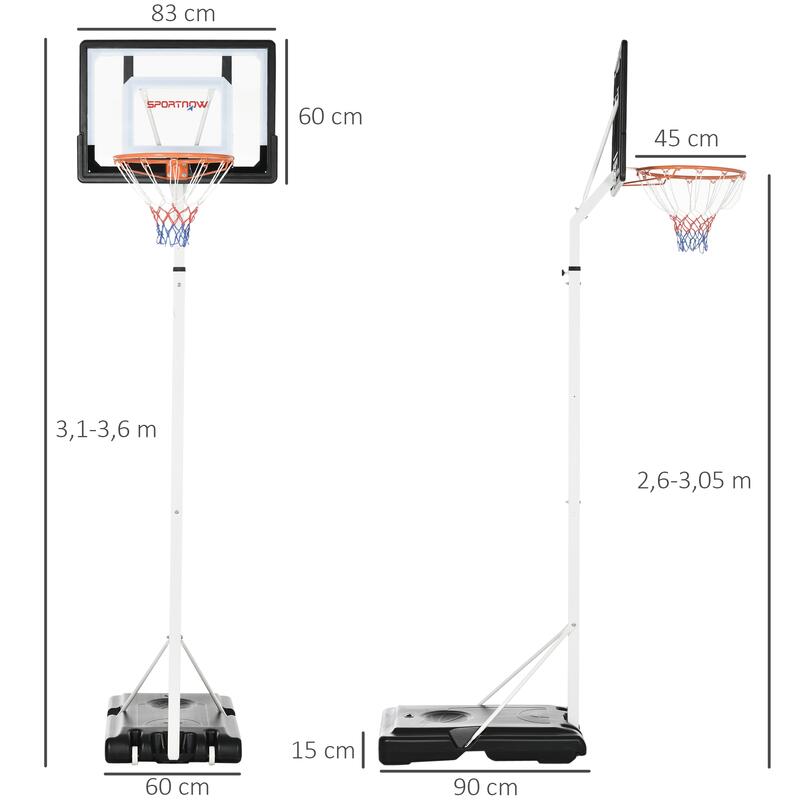 Tabela de Basquetebol SPORTNOW 90x83x310-360cm Preto, Branco e Laranja