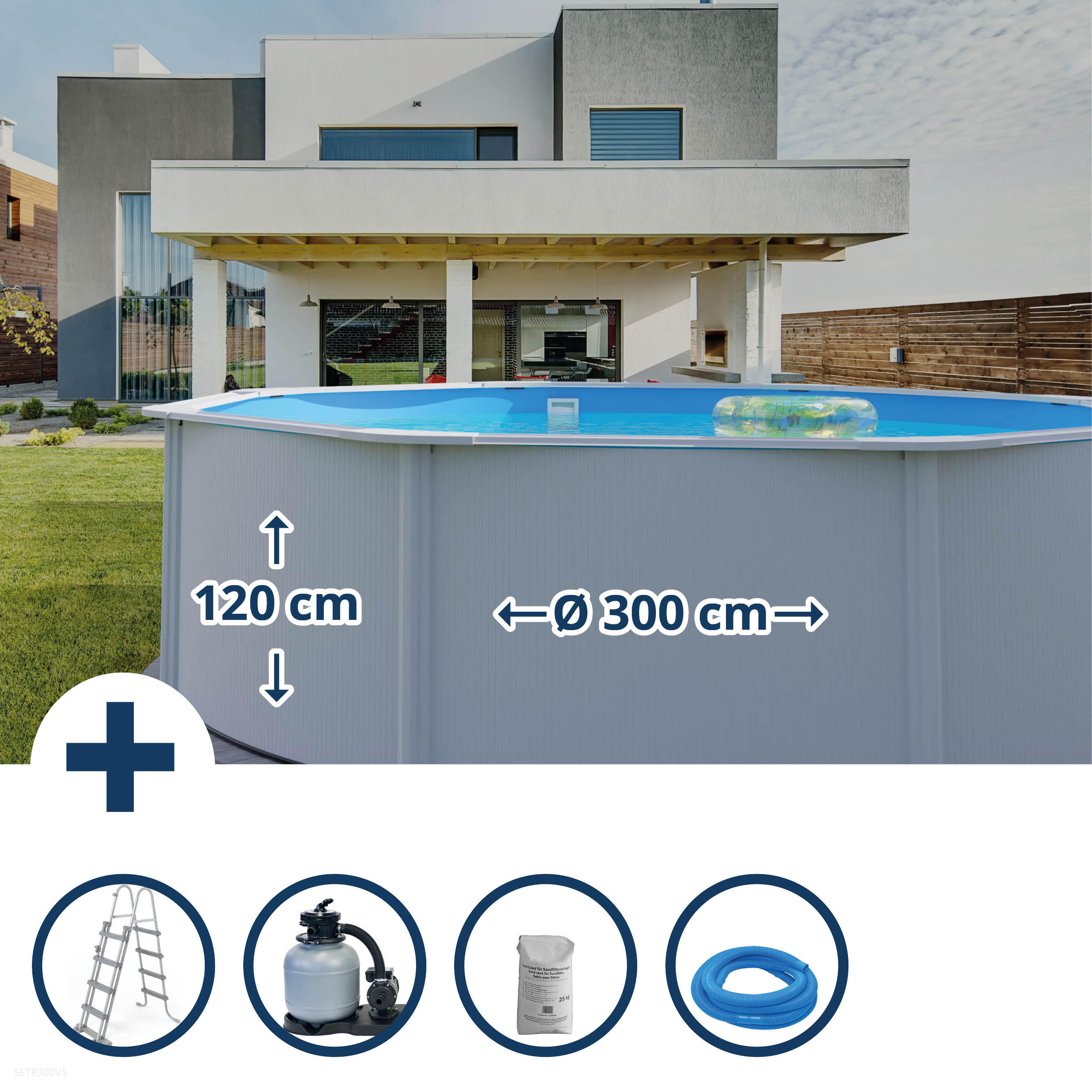 Stahlwandpool Set rund 300x120cm, Stahl 0,45mm Steinoptik, Folie 0,3mm
blau 1/5
