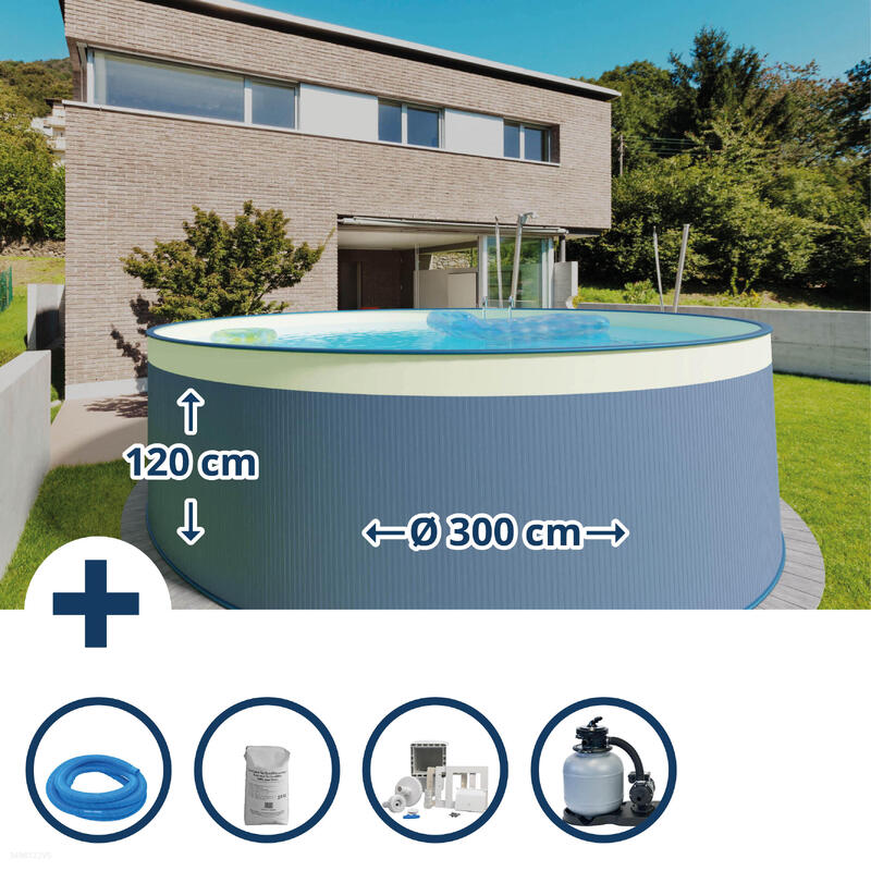 Stahlwandpool Set rund 300x120cm, Stahl 0,4mm anthrazit, Folie 0,2mm
sand