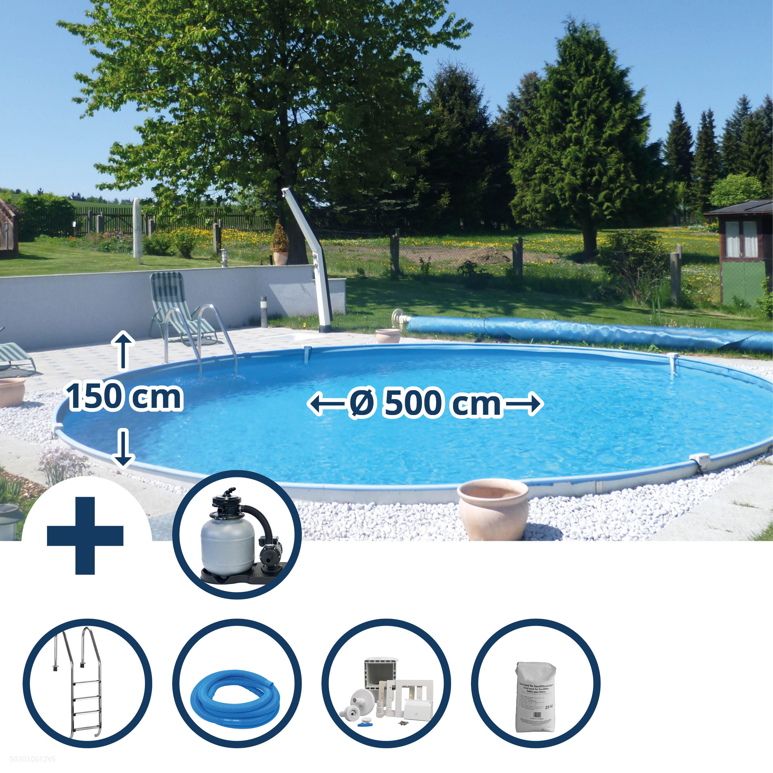 Stahlwandpool Set tief rund 500x150cm, Stahl 0,8mm weiß, Folie 0,6mm
blau 1/7
