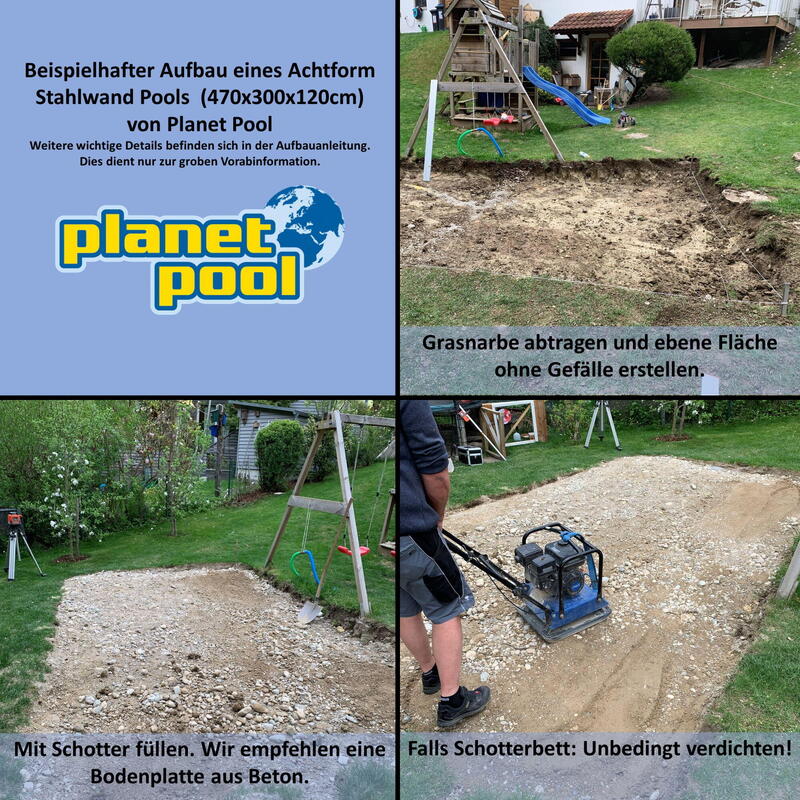 Stahlwandpool Set achtform 650x420x120cm, Stahl 0,4mm anthrazit, Fol.
0,4mm sand