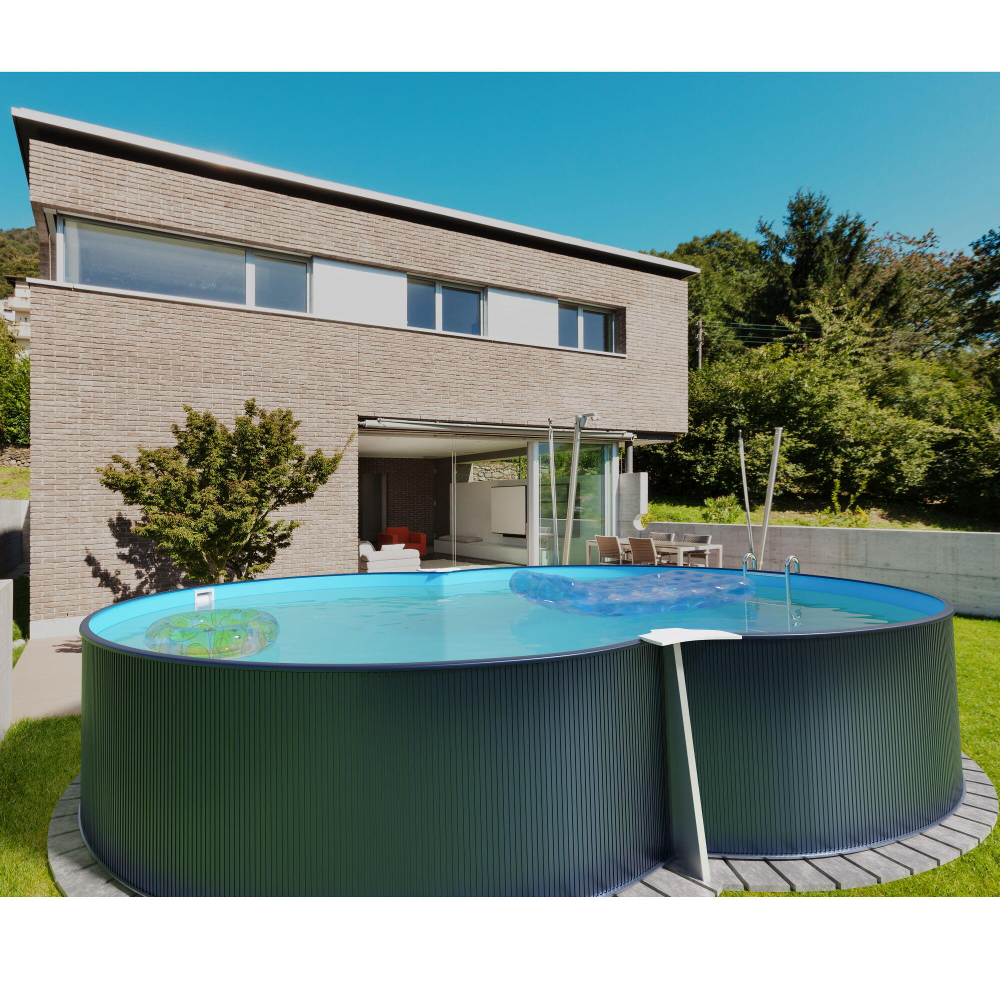 Stahlwandpool achtform 650x420x120cm, Stahl 0,4mm anthrazit, Folie
0,4mm blau 3/7