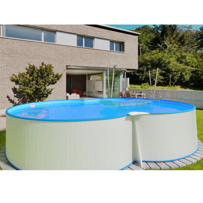 Stahlwandpool Achtform 650x420x120cm, OHNE, Stahlträger, Stahl weiss,
Folie blau