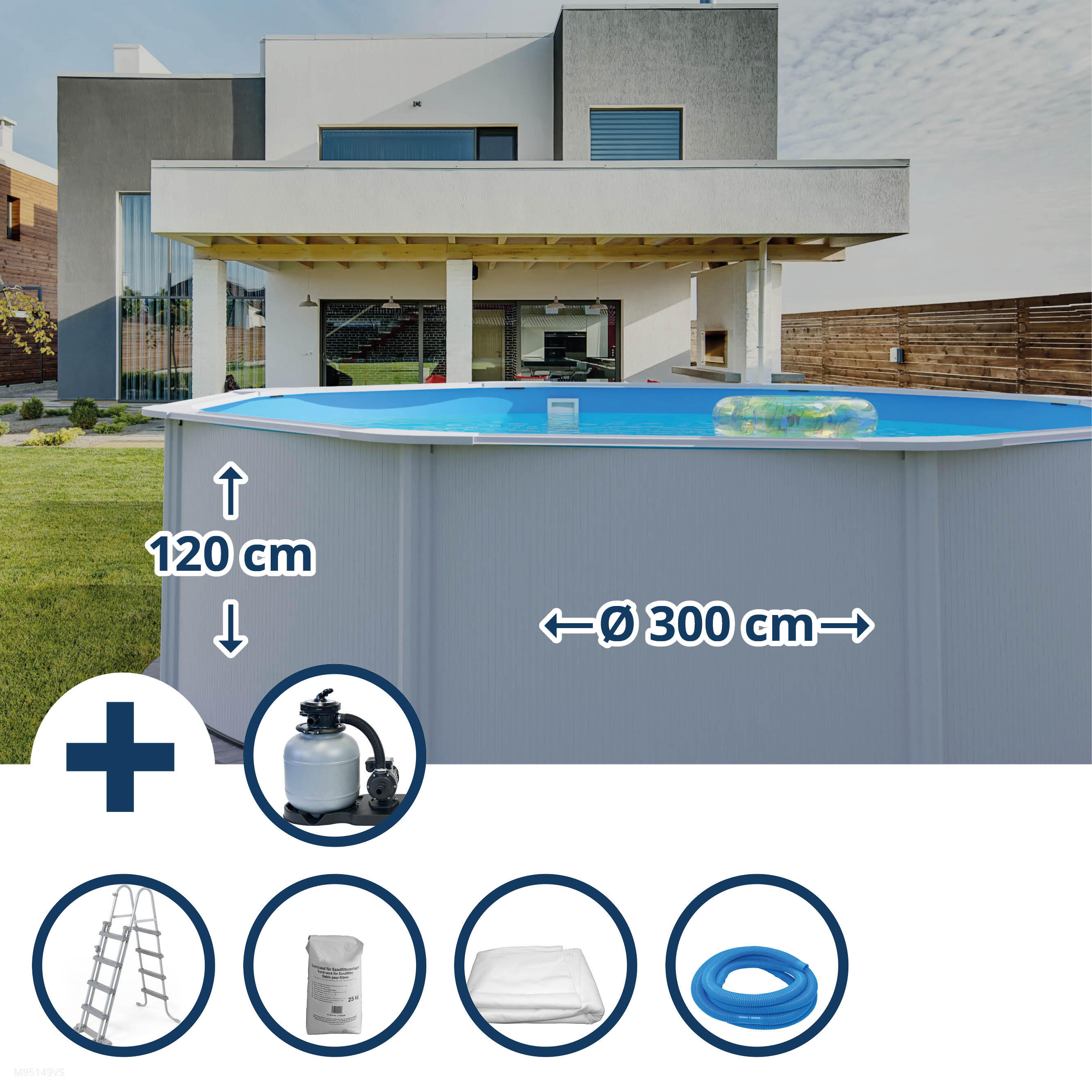 Stahlwandpool Set rund 300x120cm, Stahl 0,4mm weiß, Folie 0,3mm blau 1/6