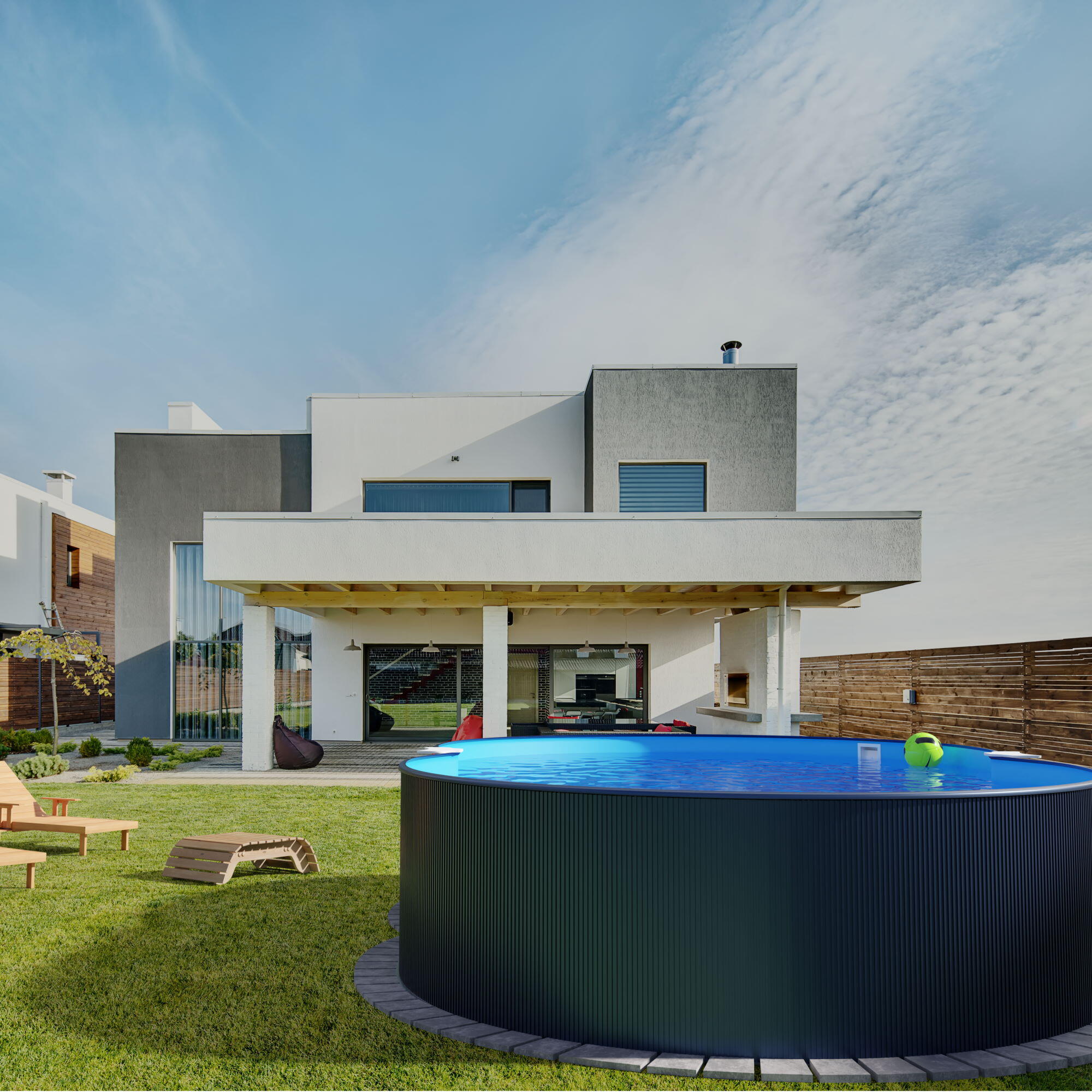 Stahlwandpool achtform 650x420x120cm, Stahl 0,4mm anthrazit, Folie
0,4mm blau 4/7