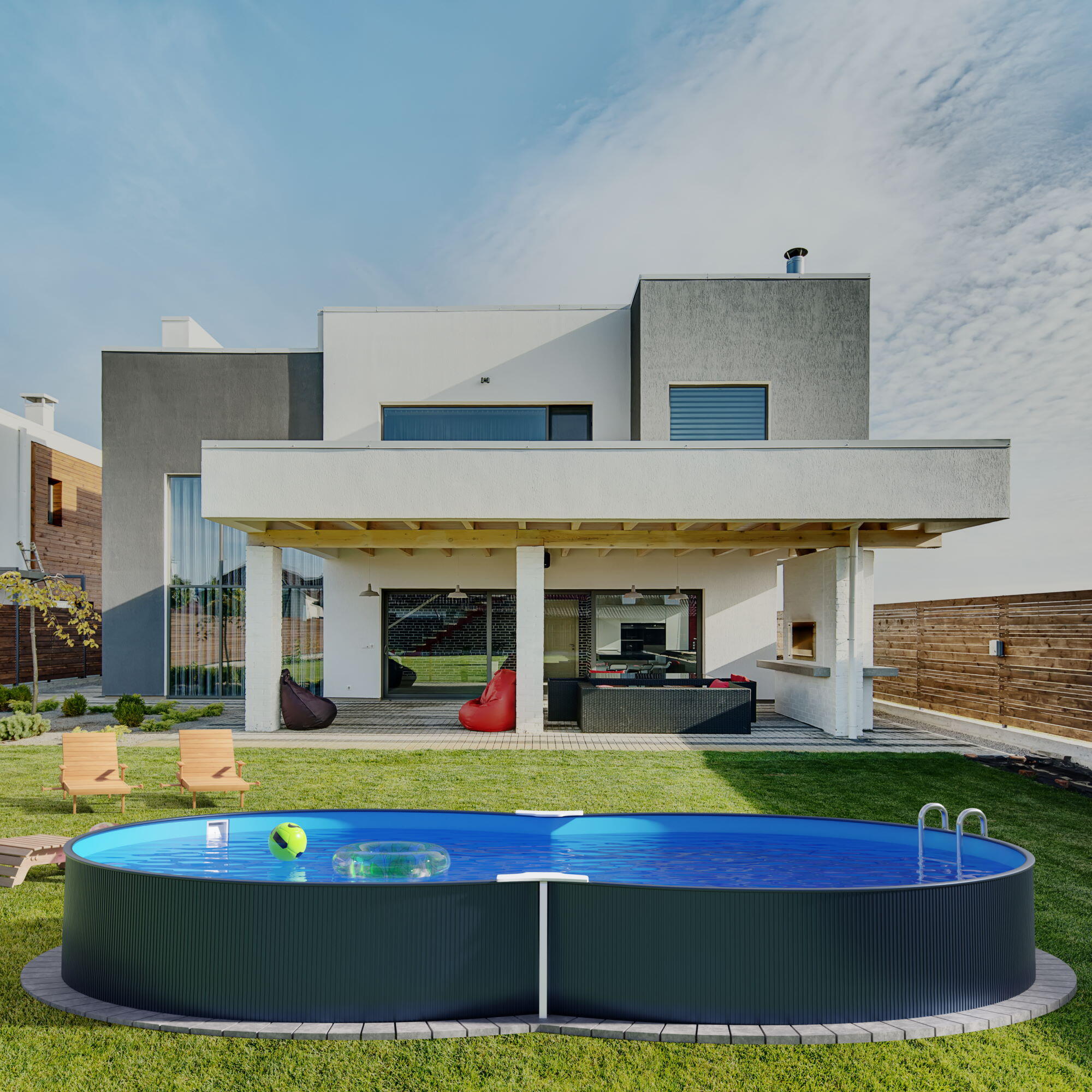 Stahlwandpool achtform 650x420x120cm, Stahl 0,4mm anthrazit, Folie
0,4mm blau 5/7