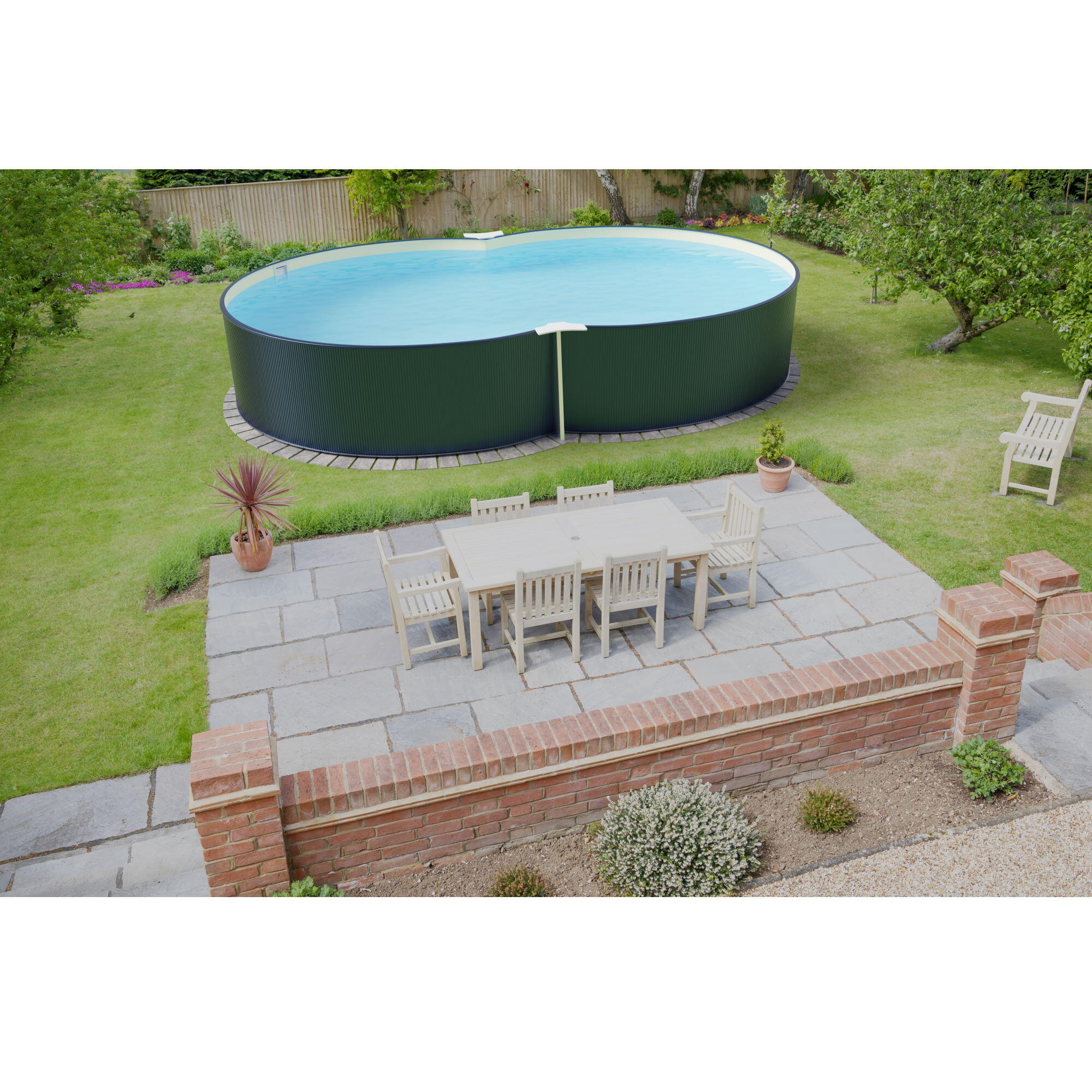 Stahlwandpool Set achtform 650x420x120cm, Stahl 0,4mm anthrazit, Fol.
0,4mm sand 2/7