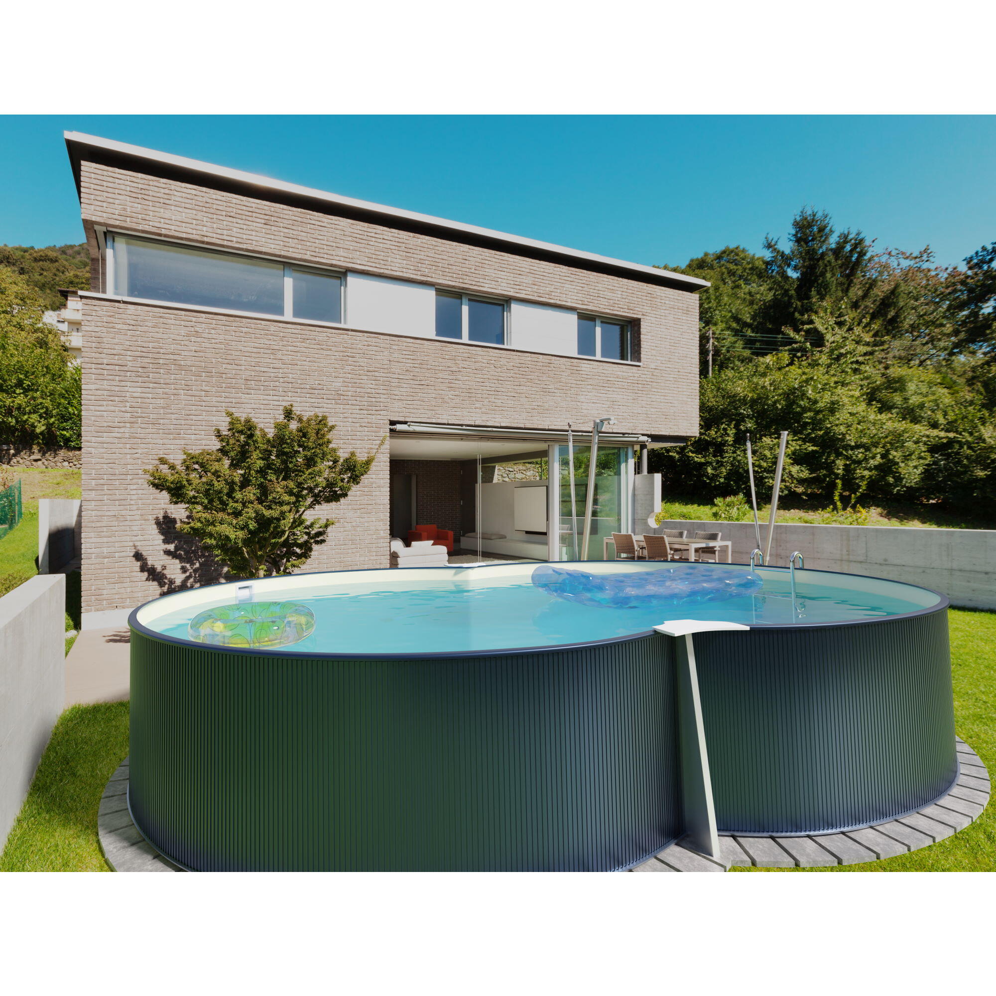 Stahlwandpool Set achtform 650x420x120cm, Stahl 0,4mm anthrazit, Fol.
0,4mm sand 3/7