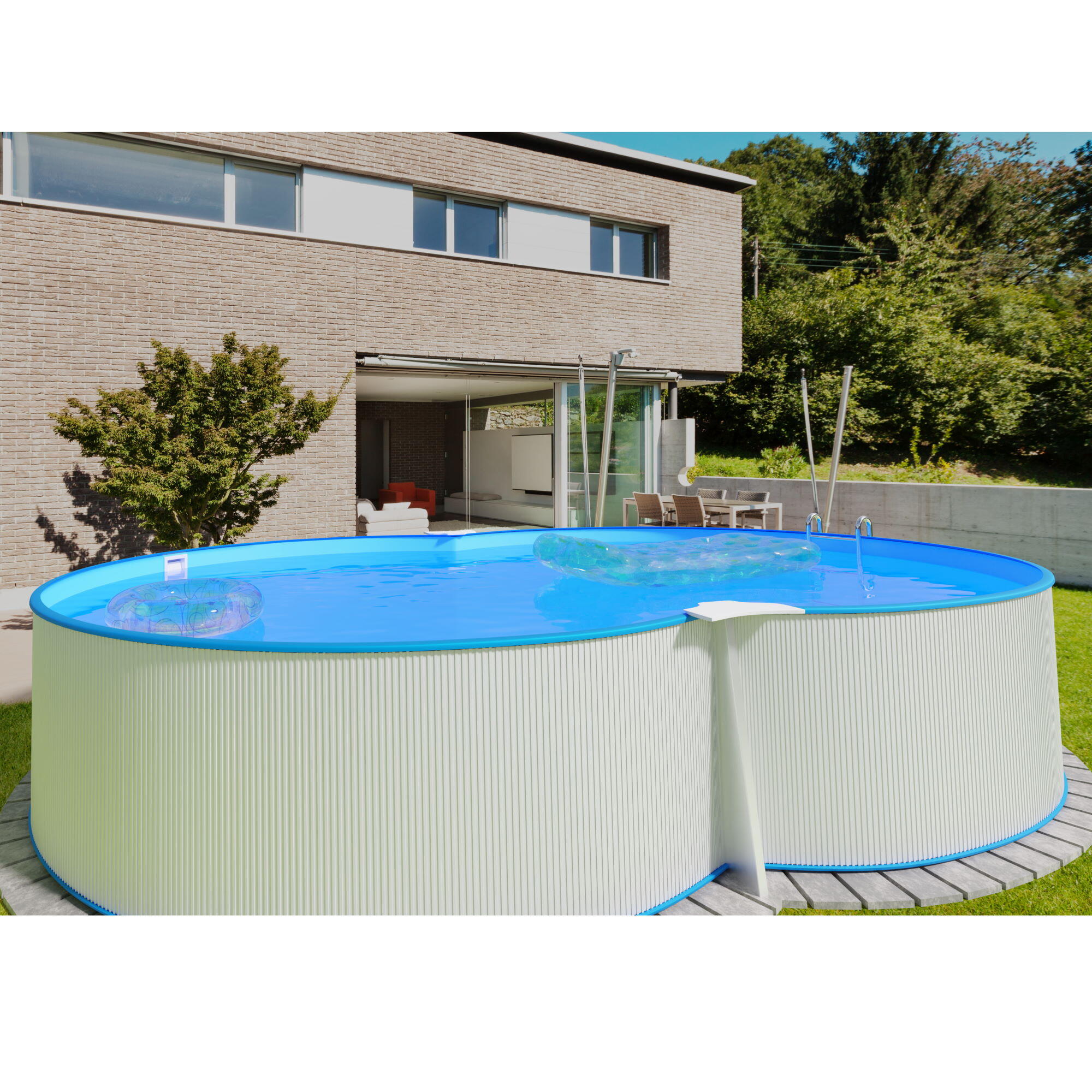 Stahlwandpool Set achtform 470x300x120cm, Stahl 0,4mm weiß, Folie
0,4mm blau 3/7